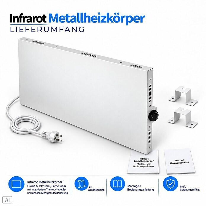 Admiral Infrarot-Metallheizkörper (120 x 60 cm, Drehregler, 1.100 W, Weiß)