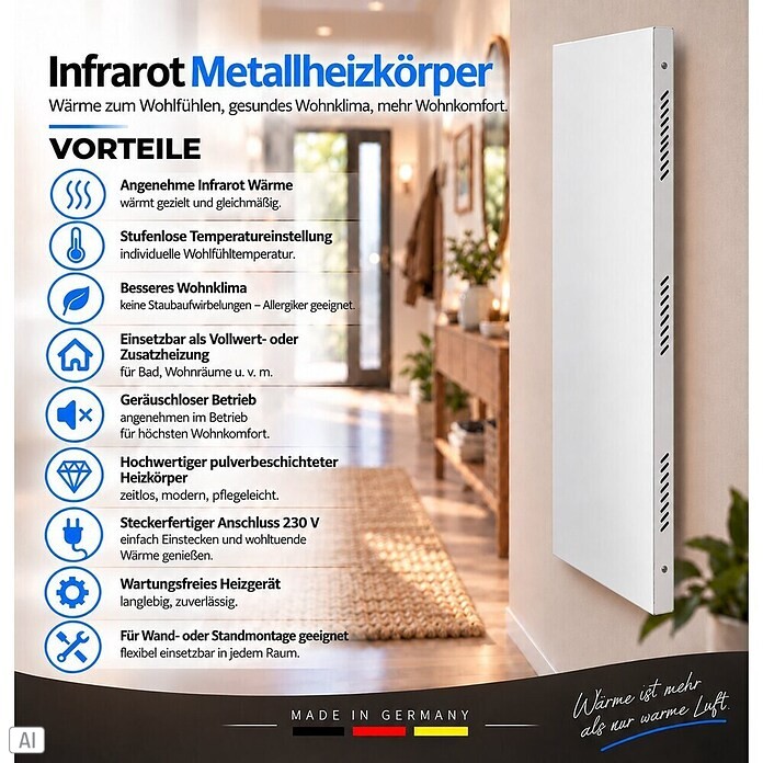 Admiral Infrarot-Metallheizkörper (120 x 60 cm, Drehregler, 1.100 W, Weiß)