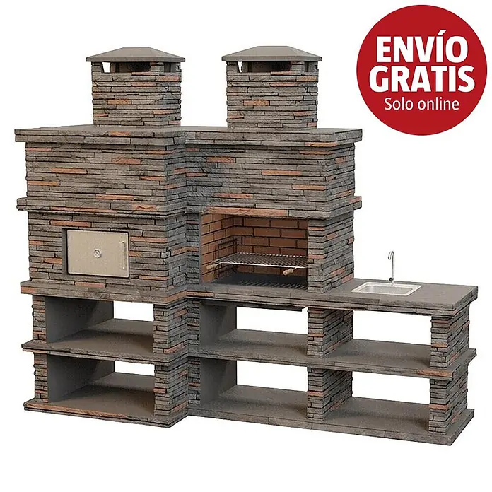 Sotnas Barbacoa con horno Londres - Gris, An x Pr x Al: 286 x 98 x 245 cm, Izquierda - Cocina exterior multifuncional con revestimiento de piedra, barbacoa, horno, fregadero y estantes.