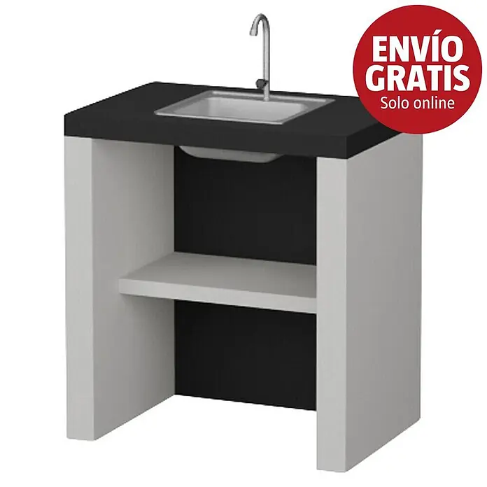 Sotnas Mesa de barbacoa para barbacoa Maiorca con fregadero - Blanco/Negro, An x Pr x Al: 80 x 55 x 88 cm, Con fregadero - Mueble fregadero blanco y negro con fregadero de acero inoxidable, grifo y estante abierto.
