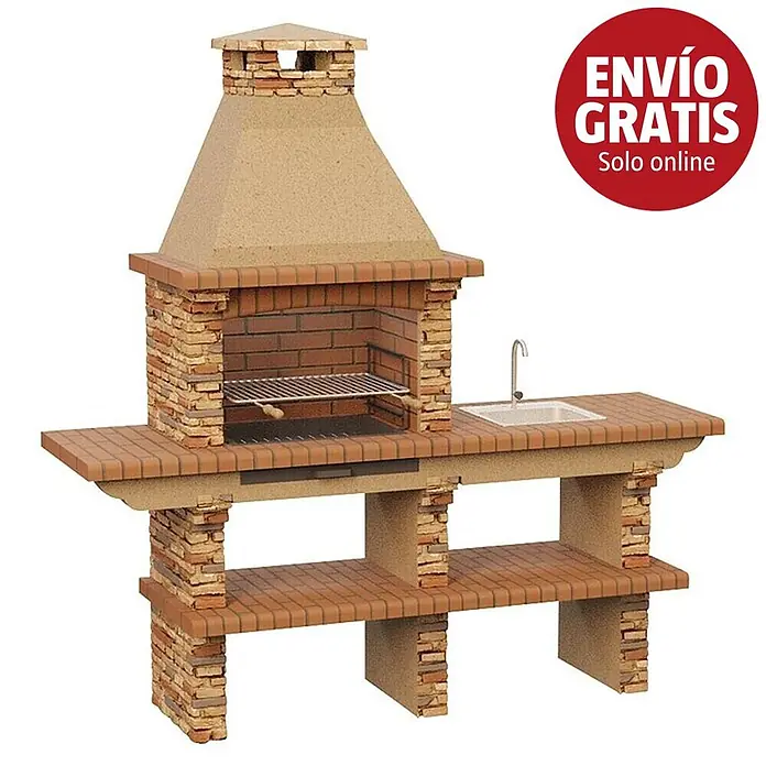 Sotnas Barbacoa de obra Paris - Castaño, An x Pr x Al: 211 x 60 x 219 cm, Superficie parrilla: 60 x 38 cm, Derecha - Barbacoa de ladrillo rojo con campana beige clara, fregadero integrado y estantes inferiores.