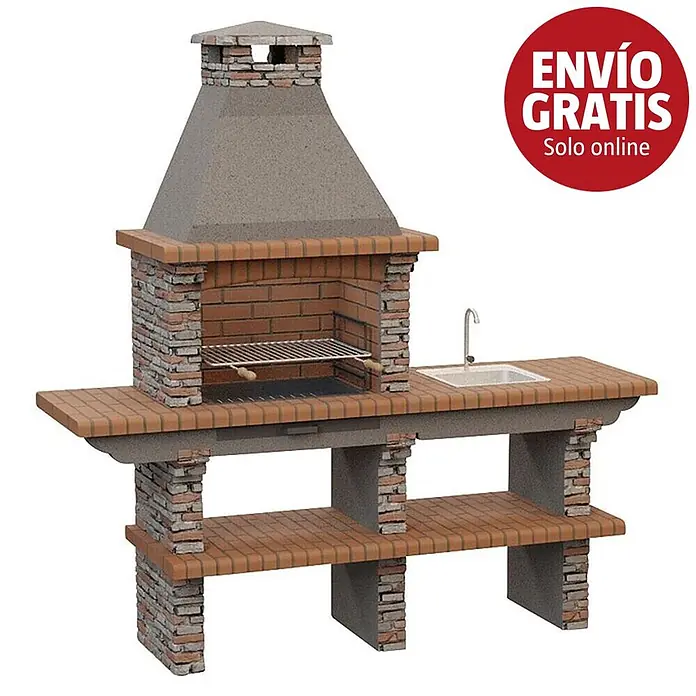 Sotnas Barbacoa de obra Paris - Gris, An x Pr x Al: 211 x 60 x 219 cm, Superficie parrilla: 60 x 38 cm, Derecha - Barbacoa de ladrillo con chimenea, fregadero integrado y estante inferior.