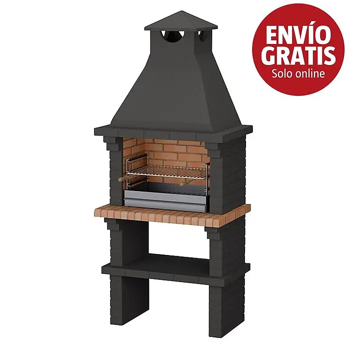Sotnas Barbacoa de obra Monaco - Gris, An x Pr x Al: 93 x 60 x 217 cm, Superficie parrilla: 60 x 38 cm - Barbacoa de obra de ladrillo gris oscuro y rojo, con parrilla metálica, cenicero y chimenea alta.