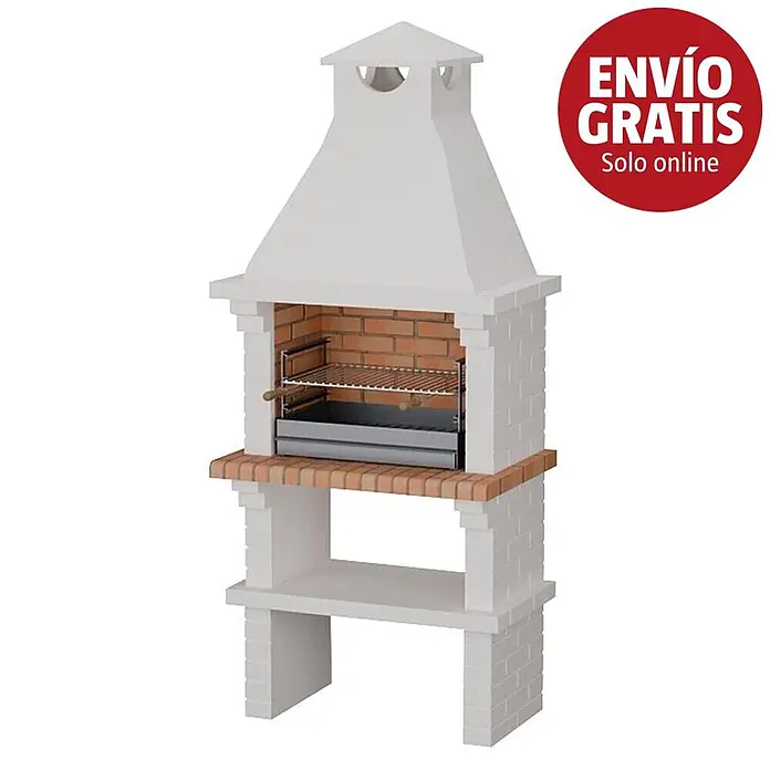 Sotnas Barbacoa de obra Monaco - Blanco, An x Pr x Al: 93 x 60 x 217 cm, Superficie parrilla: 60 x 38 cm - Barbacoa de ladrillo blanco y rojo con chimenea, parrilla y estante inferior.