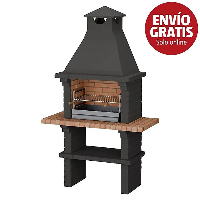 Sotnas Barbacoa de obra Monaco - Gris, An x Pr x Al: 127 x 60 x 217 cm, Superficie parrilla: 60 x 38 cm - Barbacoa de exterior con estructura gris oscuro, interior de ladrillo rojo y encimera. Incluye chimenea de metal y parrillas.