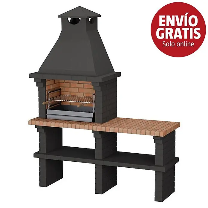 Sotnas Barbacoa de obra Monaco - Gris, An x Pr x Al: 168 x 60 x 217 cm, Superficie parrilla: 60 x 38 cm, Sin fregadero - Barbacoa de exterior gris y de ladrillo con parrilla metálica, campana y mostrador lateral con estantes.