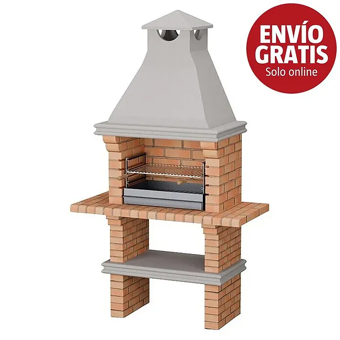 Sotnas Barbacoa de obra Luanda - Gris/Ladrillo, An x Pr x Al: 127 x 60 x 219 cm, Superficie parrilla: 60 x 38 cm, Sin fregadero - Barbacoa de ladrillo con campana gris, parrilla metálica y estante inferior para exteriores.