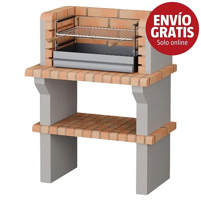 Sotnas Barbacoa de obra Benguela - Gris/Ladrillo, An x Pr x Al: 90 x 60 x 121 cm, Superficie parrilla: 60 x 38 cm, Sin fregadero - Barbacoa de ladrillo rojo con base de hormigón gris, parrilla metálica y estante inferior.