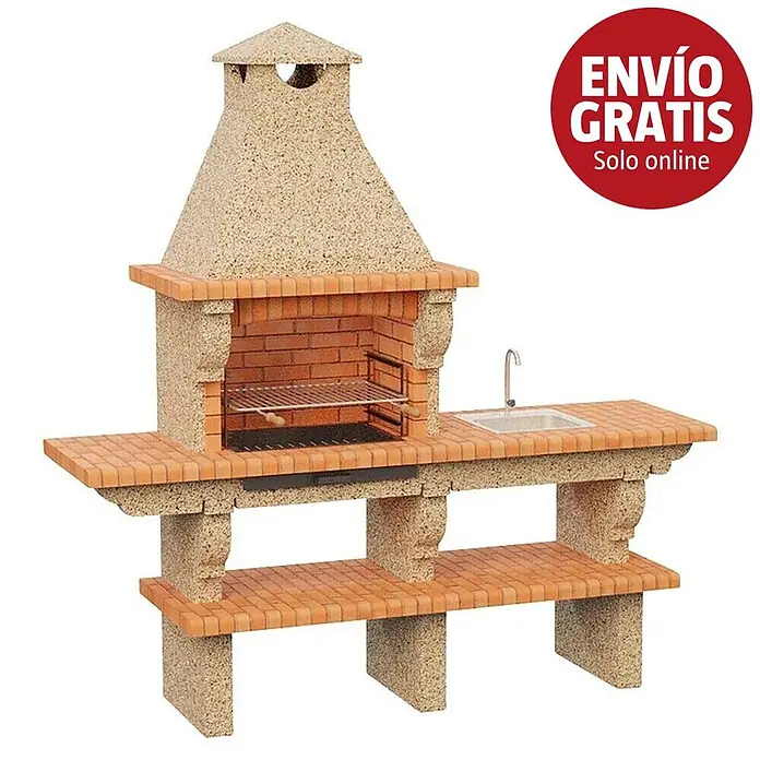 Sotnas Barbacoa de obra Barcelos con mesa - Crema/Ladrillo, An x Pr x Al: 214 x 60 x 223 cm, Superficie parrilla: 60 x 38 cm, Derecha con fregadero - Barbacoa de obra exterior con chimenea de hormigón, parrilla y fregadero lateral integrado.
