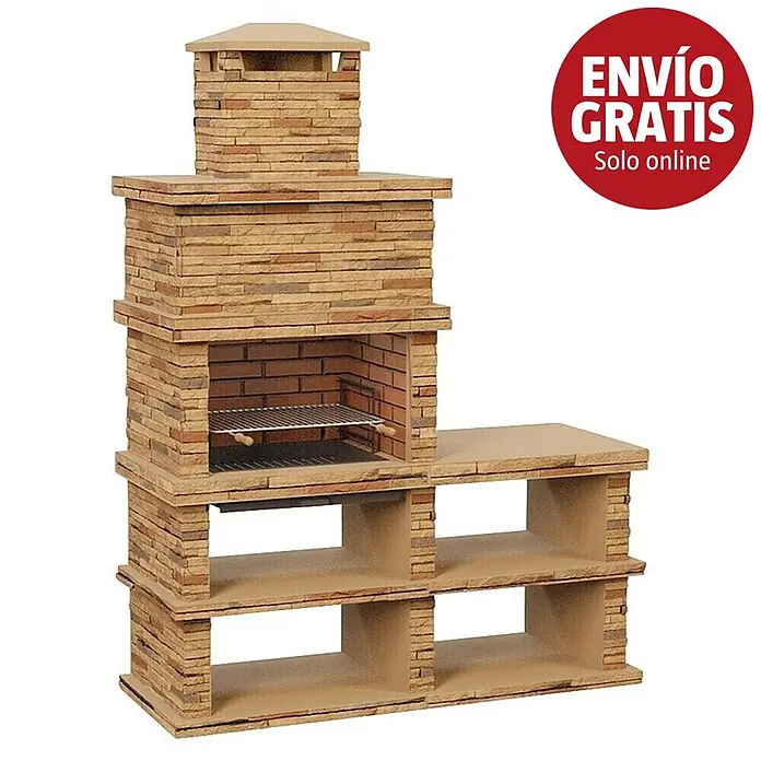 Sotnas Barbacoa de obra Londres - Castaño, An x Pr x Al: 186 x 68 x 245 cm, Superficie parrilla: 69 x 48 cm, Derecha sin fregadera - Barbacoa modular de piedra con chimenea y estantes laterales.