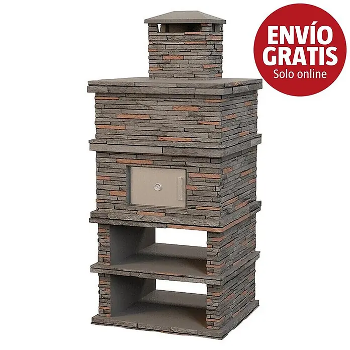 Sotnas Horno de piedra Londres - Gris, An x Pr x Al: 109 x 98 x 245 cm, Cemento de aluminato de calcio - Horno de exterior revestido de piedra con chimenea, puerta metálica y dos estantes abiertos debajo.