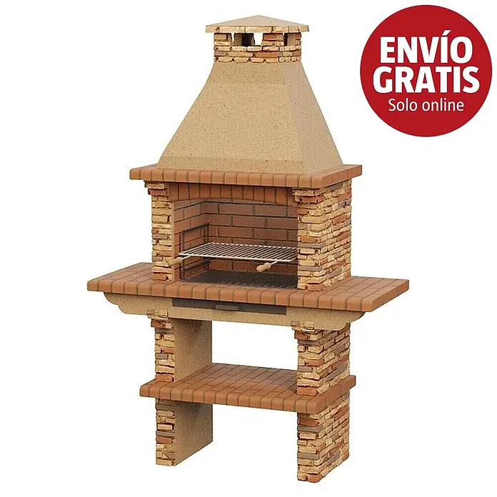 Sotnas Barbacoa de obra Paris - Castaño, An x Pr x Al: 144 x 60 x 219 cm, Superficie parrilla: 60 x 38 cm - Barbacoa de ladrillo rojo y hormigón beige con chimenea, parrilla metálica y estante inferior.