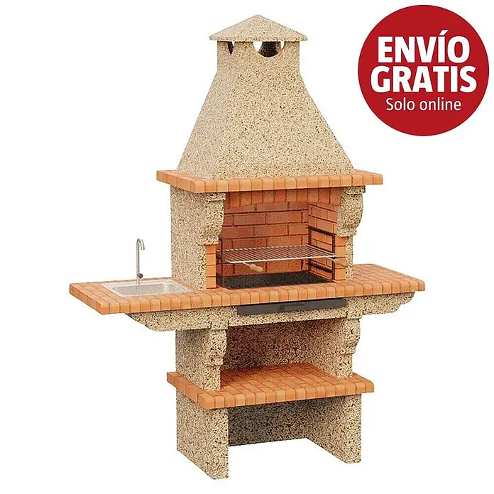 Sotnas Barbacoa de obra Barcelos Cerrada - Crema/Ladrillo, An x Pr x Al: 196 x 60 x 225 cm, Superficie parrilla: 60 x 38 cm, Izquierda con fregadera - Barbacoa de ladrillo y piedra terracota para exterior con fregadero y encimera lateral.