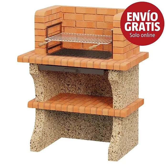 Sotnas Barbacoa de obra Barcelos sin campana - Crema/Ladrillo, An x Pr x Al: 98 x 60 x 121 cm, Superficie parrilla: 60 x 38 cm - Barbacoa de ladrillo con base de hormigón, parrilla metálica y estante inferior de ladrillo.