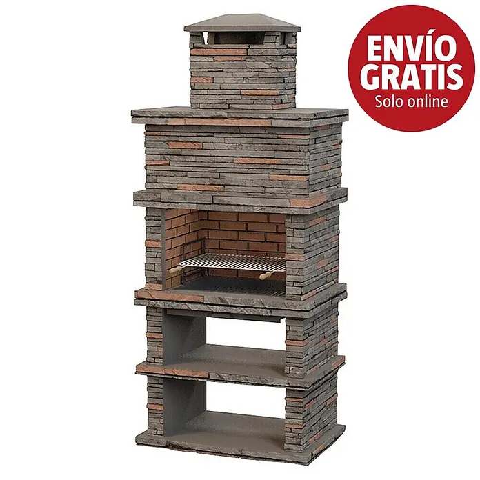 Sotnas Barbacoa de obra Londres - Gris, An x Pr x Al: 104 x 68 x 245 cm, Superficie parrilla: 69 x 48 cm - Barbacoa alta de piedra y ladrillo con chimenea, parrilla y dos estantes inferiores.