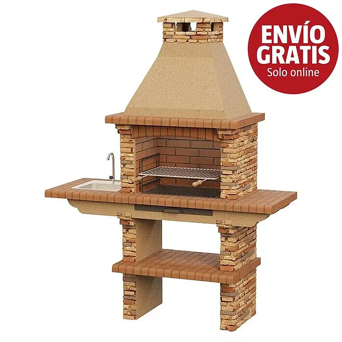 Sotnas Barbacoa de obra Paris - Castaño, An x Pr x Al: 164 x 60 x 219 cm, Superficie parrilla: 60 x 38 cm, Izquierda - Barbacoa de ladrillo rojo y piedra beige con chimenea, parrilla y fregadero integrado. Con estante inferior.