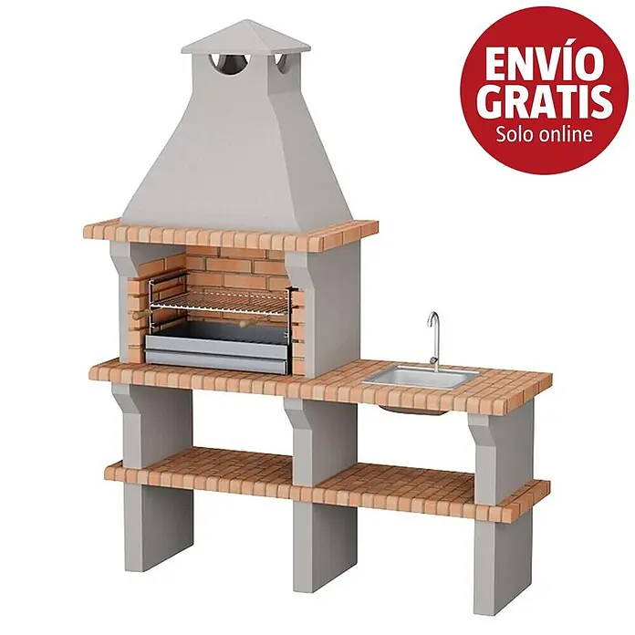 Sotnas Barbacoa de obra Benguela - Gris/Ladrillo, An x Pr x Al: 168 x 60 x 217 cm, Superficie parrilla: 60 x 38 cm, Con fregadero - Barbacoa modular de exterior de ladrillo y hormigón gris, con parrilla, chimenea, fregadero y estantes.