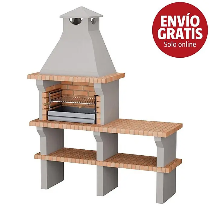 Sotnas Barbacoa de obra Benguela - Gris/Ladrillo, An x Pr x Al: 168 x 60 x 217 cm, Superficie parrilla: 60 x 38 cm, Sin fregadero - Barbacoa gris y de ladrillo con chimenea, parrilla y estantes laterales.