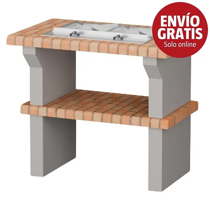Sotnas Mesa de barbacoa para barbacoa con cocina - Gris/Ladrillo, An x Pr x Al: 96 x 60 x 84 cm - Barbacoa de ladrillo de dos niveles con soportes de hormigón gris y superficie de parrilla integrada. Incluye un estante inferior.