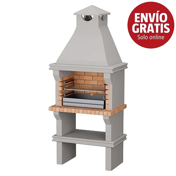 Sotnas Barbacoa de obra Ibiza - Gris/Ladrillo, An x Pr x Al: 90 x 60 x 219 cm, Superficie parrilla: 60 x 38 cm, Sin fregadero - Barbacoa de hormigón gris con interior de ladrillo y parrilla metálica.