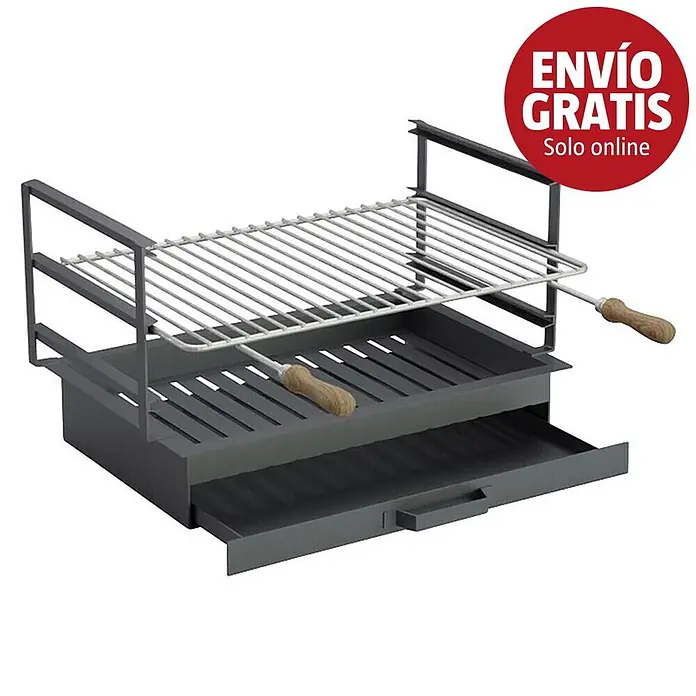 Sotnas Cajón para barbacoa - An x Pr x Al: 60 x 38 x 20 cm, Acero, Encastrada - Parrilla de metal gris oscuro con rejilla ajustable y cajón para cenizas, con alzadores de mango de madera.
