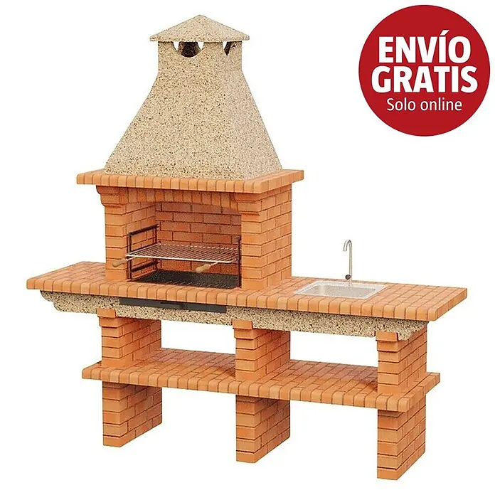 Sotnas Barbacoa de obra Barcelos Ladrillo con mesa - Crema/Ladrillo, An x Pr x Al: 214 x 60 x 219 cm, Superficie parrilla: 60 x 38 cm, Derecha con fregadero - Barbacoa de ladrillo rojo con chimenea de piedra salpicada, fregadero integrado y estantes inferiores.