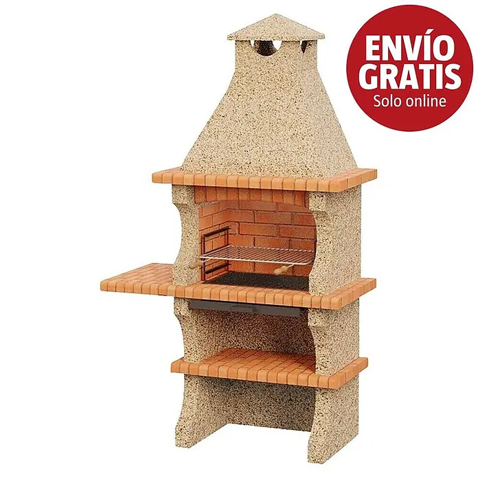Sotnas Barbacoa de obra Barcelos Cerrada - Crema/Ladrillo, An x Pr x Al: 128 x 60 x 219 cm, Superficie parrilla: 60 x 38 cm, Izquierda - Barbacoa de obra independiente de hormigón claro y ladrillos rojos, con chimenea, parrilla y estantes.
