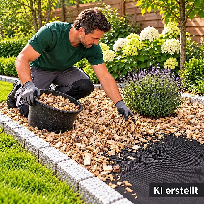 10m² Gartenvlies Unkrautvlies Mulchvlies Vlies 50g 1,6m breit -  - Mann bedeckt ein Beet mit Holzhackschnitzeln über schwarzem Unkrautvlies, was seine Anwendung zeigt.