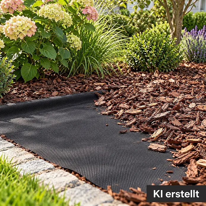 10m² Gartenvlies Unkrautvlies Mulchvlies Vlies 50g 1,6m breit -  - Schwarzes Unkrautvlies im Gartenbeet ausgerollt, teilweise mit Rindenmulch bedeckt.