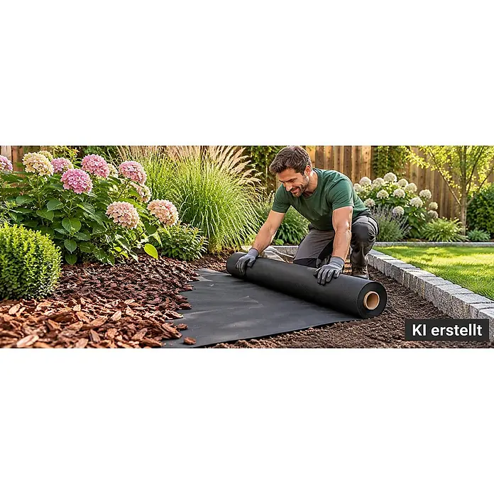 10m² Gartenvlies Unkrautvlies Mulchvlies Vlies 50g 1,6m breit -  - Mann rollt schwarzes Unkrautvlies in einem Blumenbeet mit Mulch und Hortensien aus.
