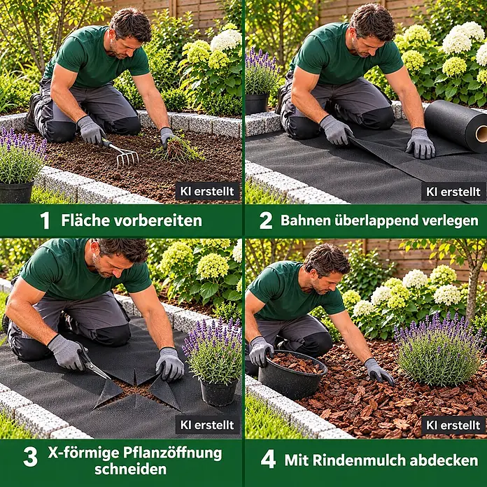 10m² Gartenvlies Unkrautvlies Mulchvlies Vlies 50g 1,6m breit -  - Mann verlegt Unkrautvlies im Garten, schneidet Öffnungen für Pflanzen und bedeckt es mit Rindenmulch.
