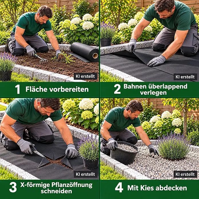40m² Gartenvlies Unkrautvlies Mulchvlies 80g 1,6m breit -  - Schwarzes Unkrautvlies wird im Garten verlegt, für Pflanzen geschnitten und mit Kies abgedeckt.