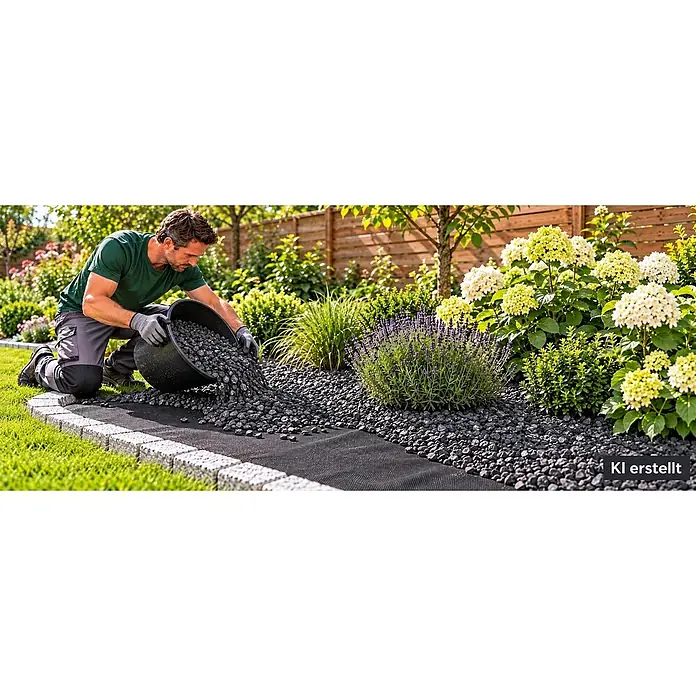 64m² Gartenvlies Unkrautvlies Mulchvlies 100g 1,6m br. -  - Ein Mann breitet dunkelgrauen Zierkies auf Gartenvlies in einem Garten aus, umgeben von Pflanzen.