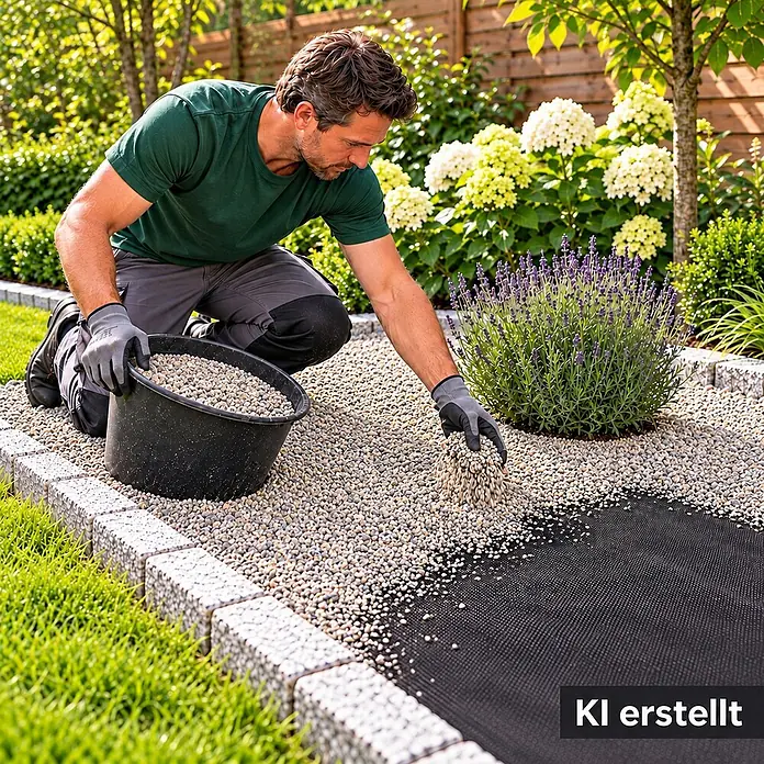 64m² Gartenvlies Unkrautvlies Mulchvlies 100g 1,6m br. -  - Mann verteilt hellen Kies auf schwarzem Unkrautvlies im Garten.