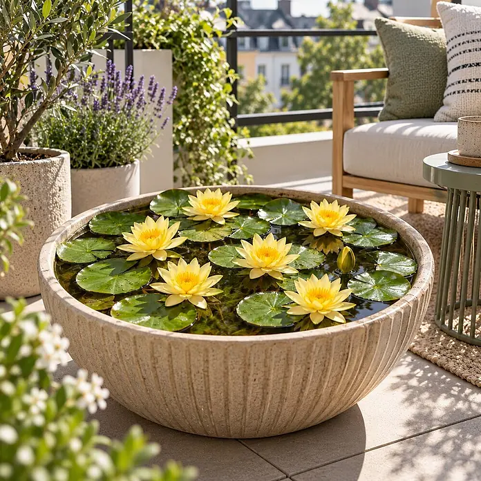 Gelbe Zwergseerose - Teichpflanze - Inklusive Korb, Substrat, Ton und Kies -  - Große, strukturierte beigefarbene Schale mit Wasser und gelben Seerosen auf einem sonnigen Balkon.