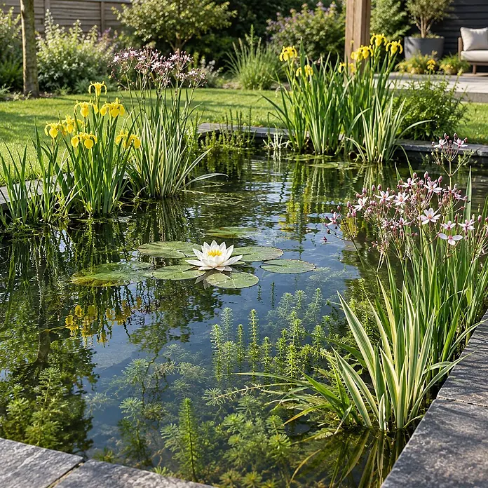 Teichpaket Heimisch 500-1.250L - Weiße Seerose & Uferpflanzen - Komplett -  - Ein wunderschöner, klarer Gartenteich mit weißer Seerose, gelben Schwertlilien und verschiedenen Wasserpflanzen in einem üppigen Garten.