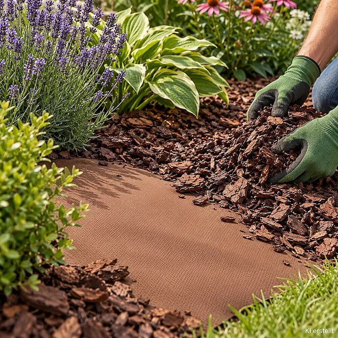 10m² Gartenvlies Unkrautvlies Mulchvlies 80g 1,6m breit braun -  - Hände verteilen Rindenmulch auf braunem Unkrautvlies im Garten.