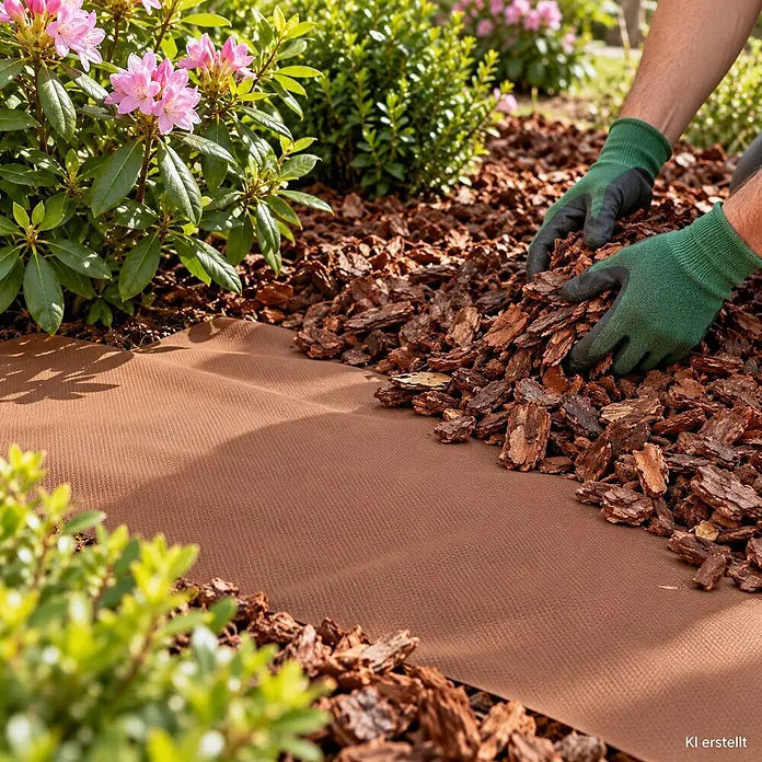 10m² Gartenvlies Unkrautvlies Mulchvlies 80g 1,6m breit braun -  - Braunes Unkrautvlies im Beet, teilweise mit Rindenmulch von behandschuhten Händen bedeckt.