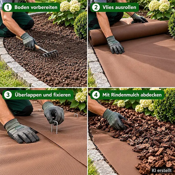10m² Gartenvlies Unkrautvlies Mulchvlies 80g 1,6m breit braun -  - Braunes Unkrautvlies wird im Gartenbett ausgelegt, mit Stiften fixiert und mit Rindenmulch bedeckt.