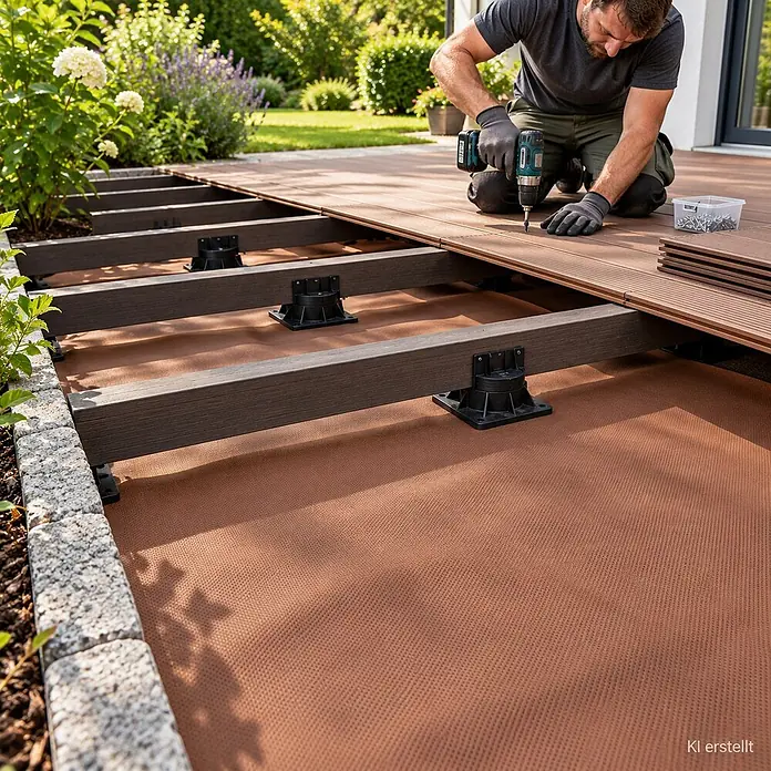 10m² Gartenvlies Unkrautvlies Mulchvlies 80g 1,6m breit braun -  - Mann installiert dunkle WPC-Terrassendielen auf Balken, gestützt von schwarzen Stelzlagern auf braunem Geotextil.