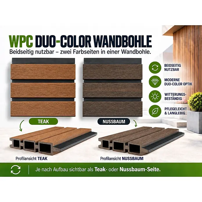 WPC Gartenhaus Modell FineLine 8,4 m² Teak, Isolierverglasung -  - WPC Duo-Color Wandbohlen, beidseitig nutzbar mit Teak- und Nussbaumseiten, inklusive Profilansicht.