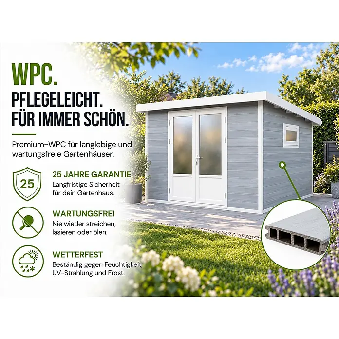 WPC Gartenhaus Modell Ligno White 8,4 m², Struktur-Sicherheitsglas -  - Graues WPC-Gartenhaus, das seine pflegeleichten und wetterfesten Eigenschaften hervorhebt.