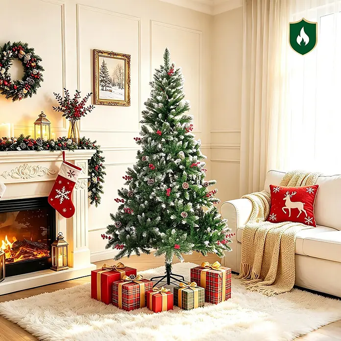 HOMAVO Künstlicher Weihnachtsbaum 150 CM Für Zuhause Garten Hotel -  - Ein beflockter künstlicher Weihnachtsbaum mit roten Beeren und Tannenzapfen steht in einem festlich dekorierten Wohnzimmer, umgeben von Geschenken.