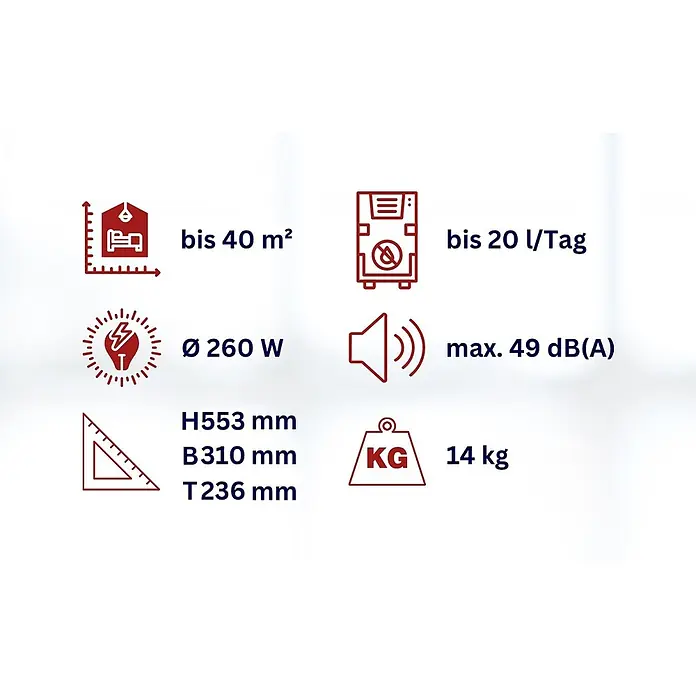 WDH Luftentfeuchter WDH-416S - für 40m² - 20 Liter/Tag -  - Grafik mit technischen Daten des Luftentfeuchters: 40m² Fläche, 20 L/Tag Leistung, 260W, max. 49dB, 553x310x236mm, 14kg Gewicht.
