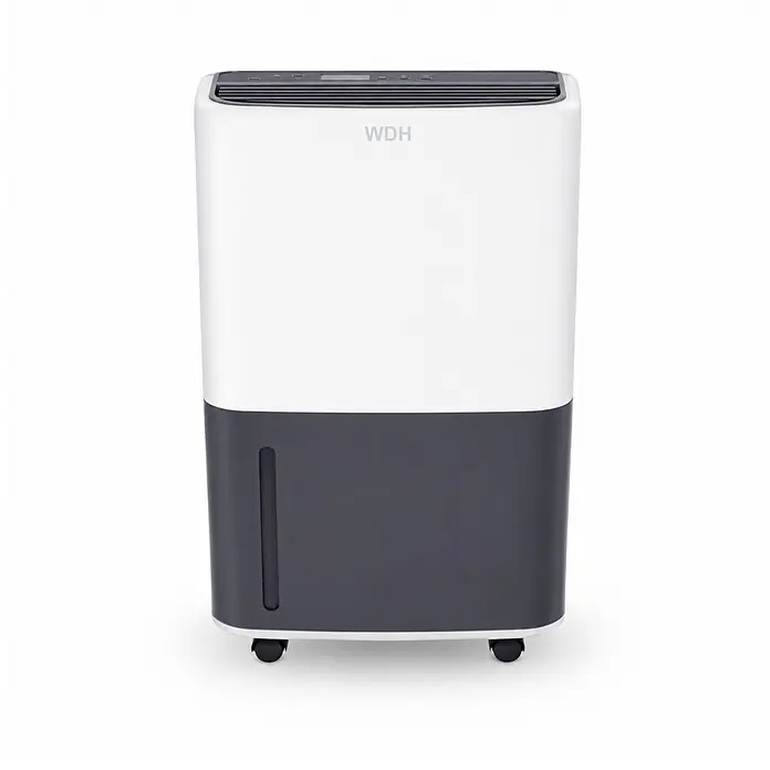 WDH Luftentfeuchter WDH-725DG – für 50m² – 25 Liter/Tag -  - Weiß-dunkelgrauer Luftentfeuchter mit WDH-Branding, Display, Wasserstandsanzeige und Rollen.