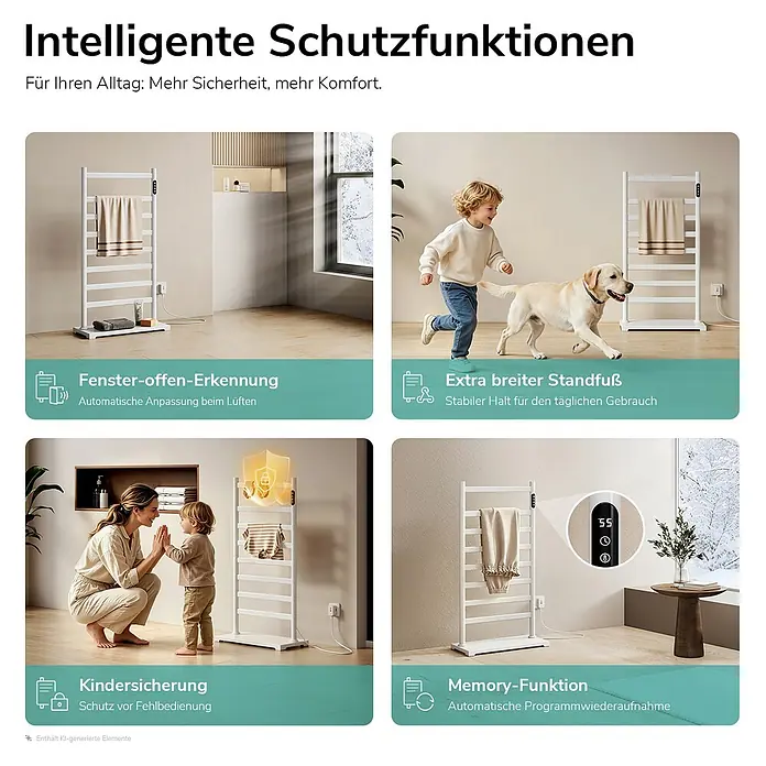 Elektro-Badheizkörper PFLR1 1000 × 530 × 260 mm Weiß -  - Ein weißer, freistehender elektrischer Handtuchwärmer, der in häuslicher Umgebung seine Sicherheits- und Komfortfunktionen zeigt.