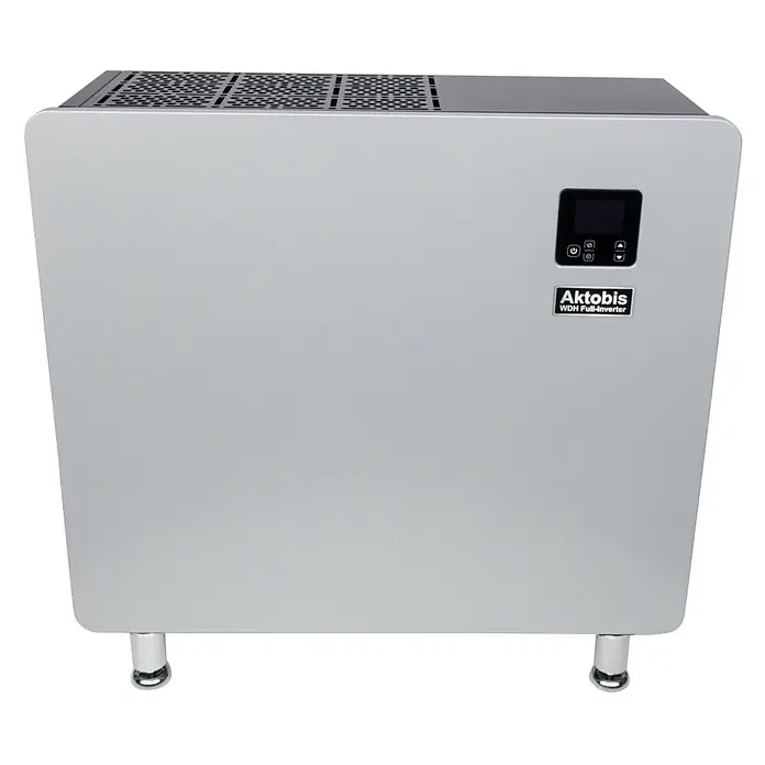 WDH Schwimmbad-Entfeuchter WDH-SE60 - für 60m² bis 120 m² - 60 L/Tag -  - Aktobis WDH Full-Inverter Gerät, silbergrau, mit Digitalanzeige, perforierter Oberseite und vier Füßen.