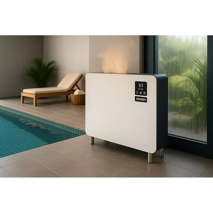 WDH Schwimmbad-Entfeuchter WDH-SE60 - für 60m² bis 120 m² - 60 L/Tag -  - Weiße und dunkelgraue Aktobis Pool-Wärmepumpe mit Digitalanzeige '83', neben einem Innenpool, Dampf ausstoßend.