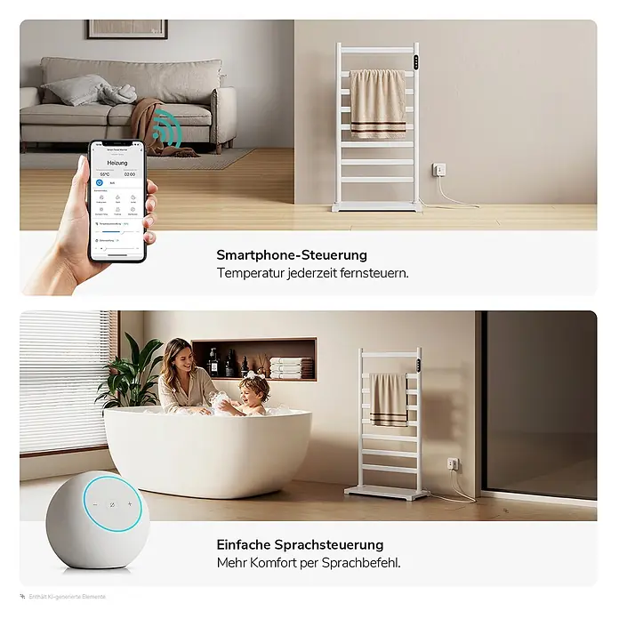 Elektro-Badheizkörper PFLR1 1000 × 530 × 260 mm Weiß -  - Weißer smarter Handtuchwärmer, gesteuert per Smartphone-App und Sprachassistent in einem modernen Zuhause.