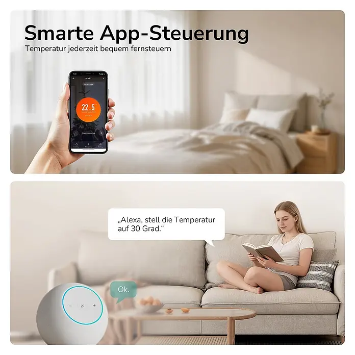 Elektro-Badheizkörper PCFR -  - Smarte Temperaturregelung per App und Sprachbefehl. Ein Smartphone zeigt 22.5°C, eine Frau steuert die Temperatur mit Alexa.